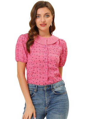 Allegra K Women's Floral Pleated Collar Puff Sleeves Button Down Shirt