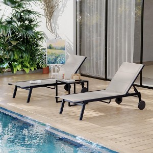 Outdoor Lounge Chairs With Wheels - Adjustable Backrest, Poolside Loungers, Patio Chaise Lounge Chairs, Side Table Set of 3 - 1 of 4