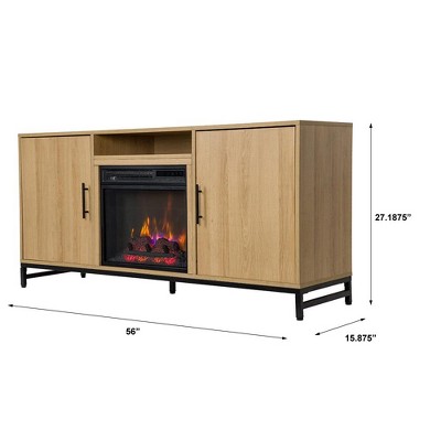Modern White Oak TV Stand with Electric Fireplace and Cabinets