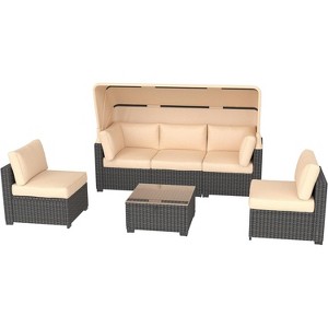 Patio Furniture Set, 6pcs Outdoor Rattan Wicker with Retractable Canopy & Soft Cushions, Sectional Sofa & Table with Storage, Beige Cushions - 1 of 4