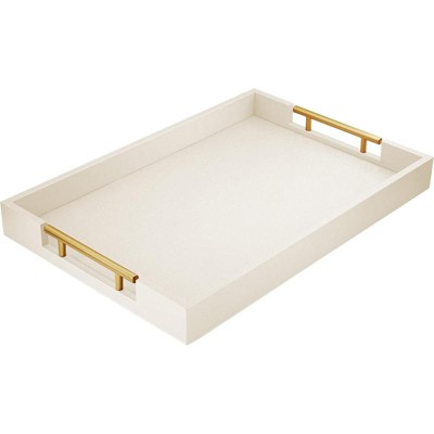 Attop 17x12in Ottoman Tray with Gold Handles Leather Decorative Wooden Serving Tray for Bathroom Vanity All Occasions White