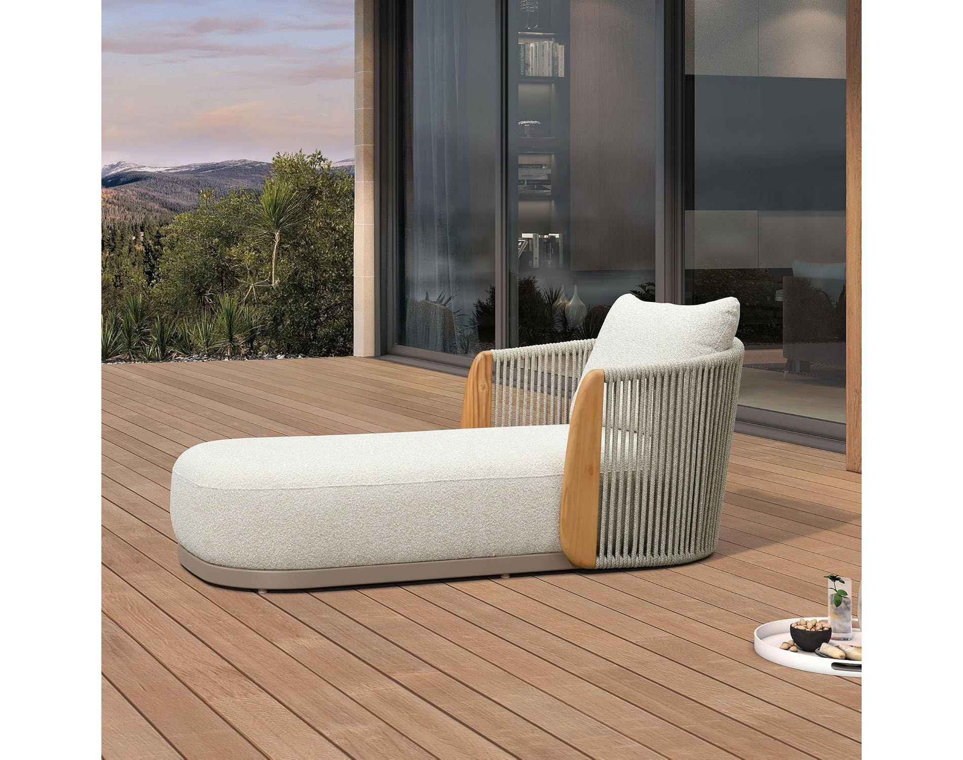 PURPLE LEAF Olefin Patio Lounge Upholstered pool chair with teak arms Fits deck pool lawn garden porch Khaki