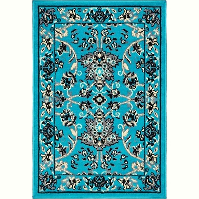 Turquoise and Ivory Synthetic Reversible Rectangular Area Rug