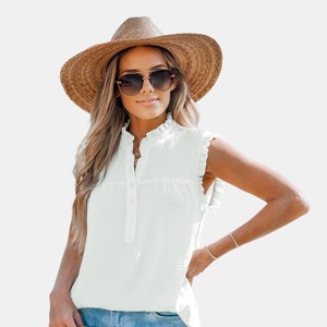 Women's Cotton White Pleated & Smocked Sleeveless Top - Cupshe - 1 of 4