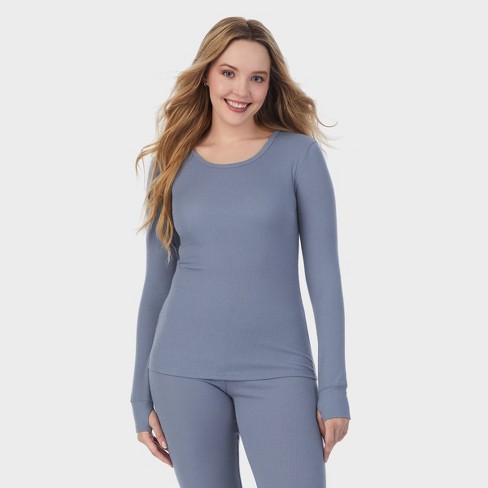 Warm Essentials by Cuddl Duds Women's Retro Ribbed Long Sleeve Scoop Neck  Pajama Top - Blue S