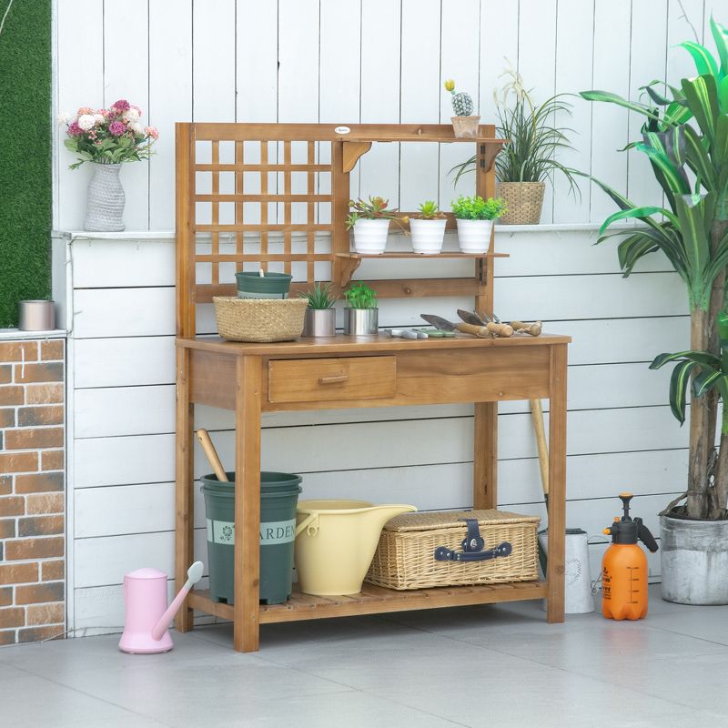 Outsunny Potting Bench Table, Garden Work Bench, Outdoor Wooden Workstation with Tiers of Shelves and Drawer for Patio, Courtyards, Balcony, 3 of 7