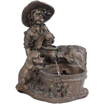 Sunnydaze Outdoor Polyresin Boy with Dog Solar Powered Water Fountain Feature with LED Light - 15" - Light Brown