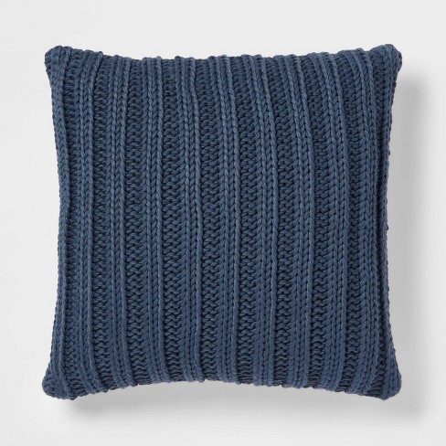 Chunky Rib Knit With Linen Reverse Square Throw Pillow Navy