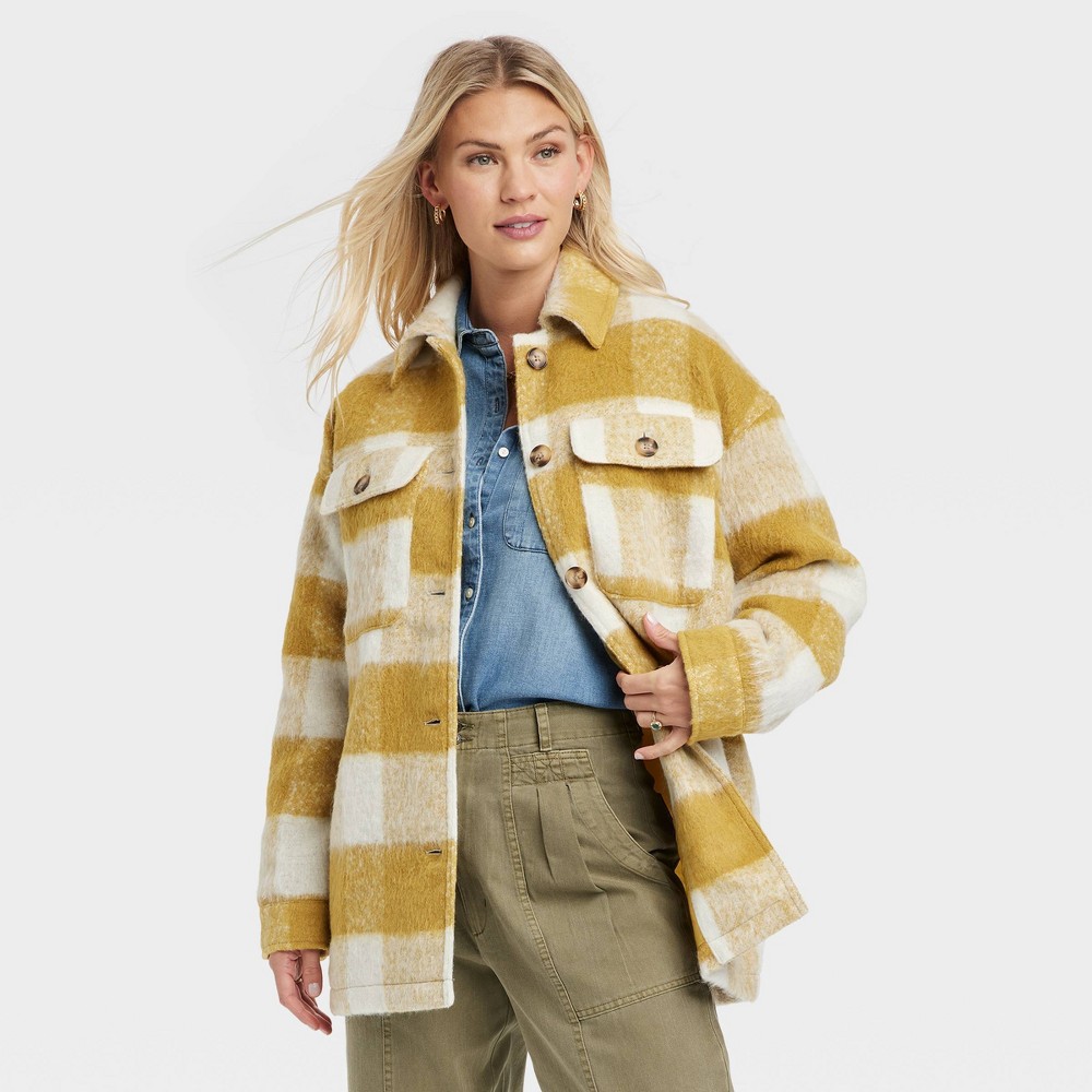 Women's Brushed Oversized Shacket - Universal Thread Yellow Plaid S