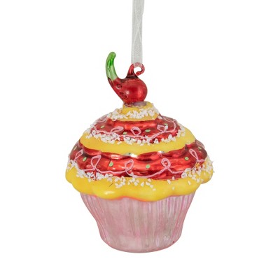 Northlight 3" Red and Yellow Cupcake with Cherry Glass Christmas Ornament