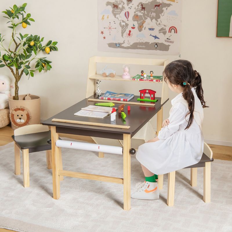 Costway Kids Art Table & Chairs Set Wooden Drawing Desk with Paper Roll Storage Shelf Bins, 2 of 11