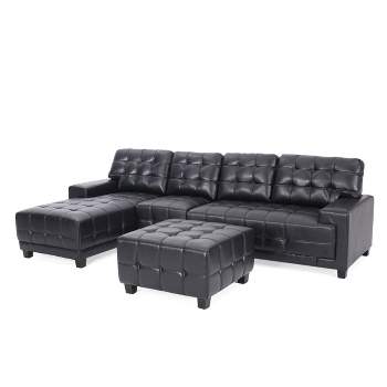 Harlar Contemporary Faux Leather Tufted 4 Seater Sectional Sofa and Chaise Lounge Set with Ottoman Midnight Black/Dark Brown - Christopher Knight Home