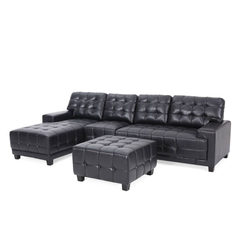 Harlar Contemporary Faux Leather Tufted 4 Seater Sectional Sofa and Chaise Lounge Set with Ottoman Midnight Black/Dark Brown - Christopher Knight Home, 1 of 15