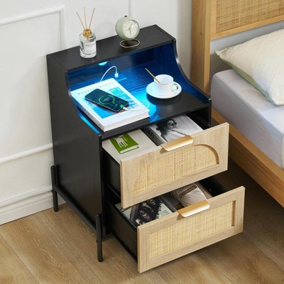 Black Rattan Nightstand, Nightstand with Charging Station with and LED Lights, Bedside Table with USB Ports and Outlets, Rattan Drawer, Black Nights