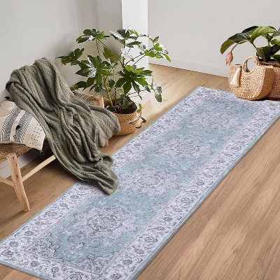 Washable Vintage Rug Non Slip Low Pile Rug Soft Throw Floor Cover Floral Foldable Indoor Carpet for Living Room Bedroom Playroom Nursery