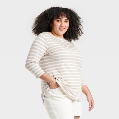 Women's Slim Fit 3/4 Sleeve Boat Neck T-Shirt - Ava & Viv™ Tan Striped 4X