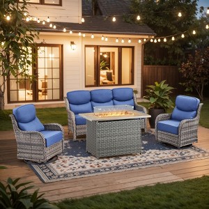 4 Pieces Wicker Outdoor Patio Rattan Sectional Conversation Set with Fire Pit Table and Patio Swivel Glider Chairs Set - 1 of 4