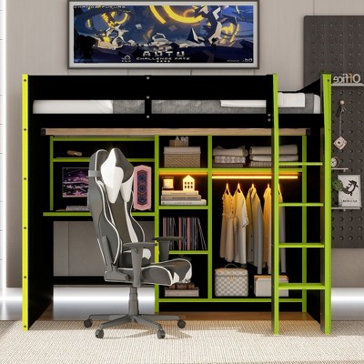 Full Size Wood Gaming Loft Bed with Desk, Open Wardrobe, Storage Compartments & RGB Lights - ModernLuxe