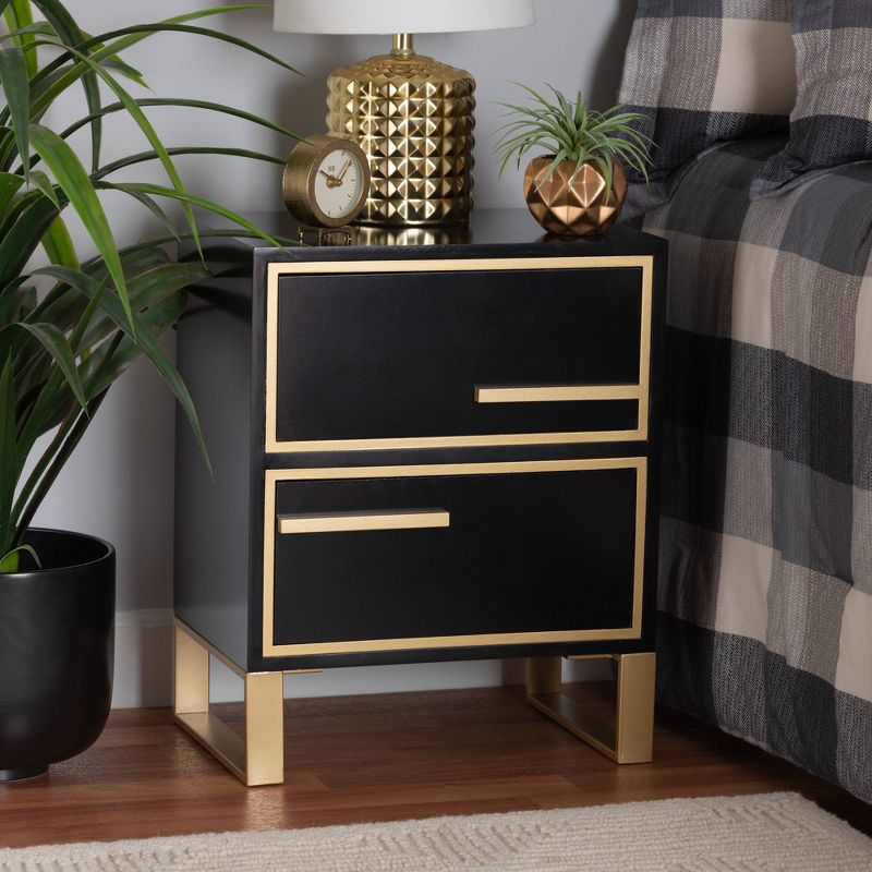 Giolla Wood and Metal 2 Drawer End Table Black/Gold - Baxton Studio, 5 of 12