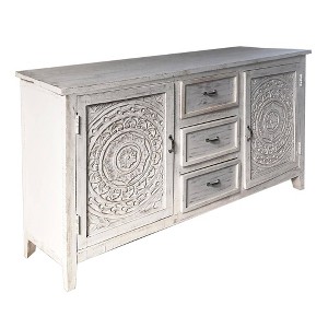 The Urban Port 64" Farmhouse Carved Sideboard Console Buffet Mango Wood 2 Engraved Doors 3 Drawers Antique White - 1 of 4
