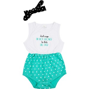 Pavilion Gift Company - Not Allowed - 6-12 Months White & Teal Romper with Headband - Leotards and Bodysuits - 1 of 4