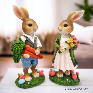 Harvest and Bloom Country Bunny Pair Figurine, 8" Rabbit Garden Statue Set| OrnamentallyYou - 1 of 4