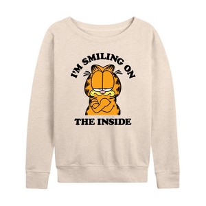 Women's - Garfield - Smiling On The Inside Lightweight French Terry Wide Neck Long Sleeve Shirt - 1 of 4