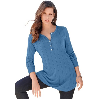 Roaman's Women's Plus Size Fine Gauge Drop Needle Henley Sweater