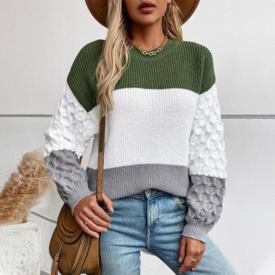 Women's Casual Trendy Loose Crew Neck Long Sleeve Colorblocked Ribbed Knit Sweater Top