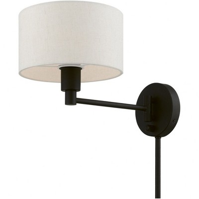 Transitional Black Swing Arm Wall Lamp with Oatmeal Fabric Shade