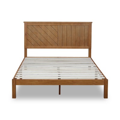 Rustic Pine Finish Solid Wood Queen Platform Bed with Headboard