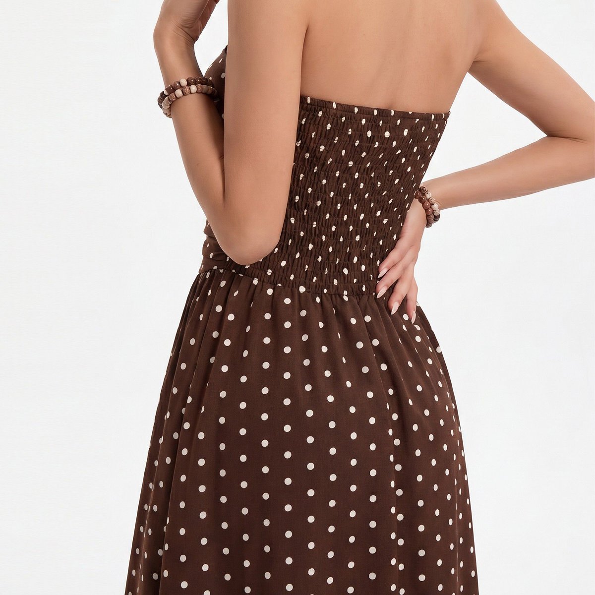 Женские платья Anna-Kaci Women's Polka Dot Strapless Maxi Dress with Ruched Bodice and Full Skirt - Small, Coffee — фото 6