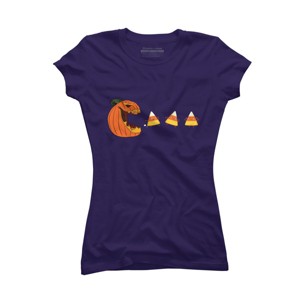 Junior's Design By Humans Halloween Gamer Pumpkin Eating Candy Corn By rawresh6 T-Shirt - 1 of 3