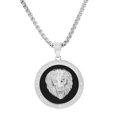 Steeltime Men's stainless steel, black enamel and black simulated diamonds lion head round pendant. Color Options: Silver, Gold