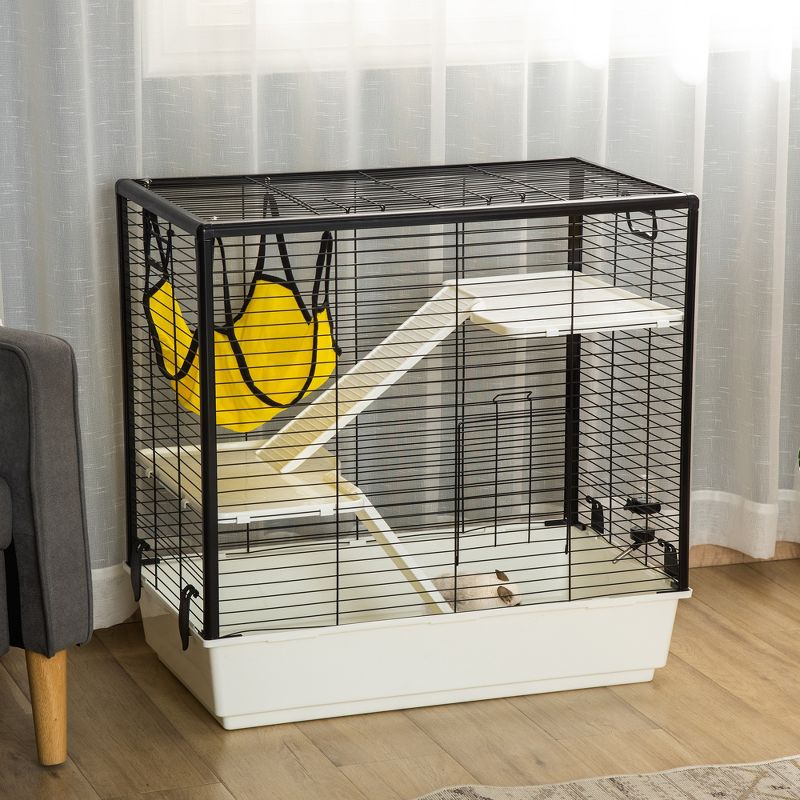 PawHut Small Animal Cage Habitat Indoor Pet Play House for Guinea Pigs Ferrets Chinchillas, With Hammock Balcony Ramp Food Dish, Yellow, 2 of 7