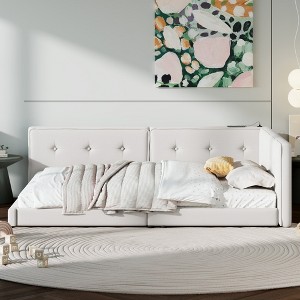 Kumasinova Queen/Full Size Soft Linen Upholstered Corner Bed Frame with USB Ports&LED Belts,Wooden Floor Bed for Bedroom,600lbs Max - 1 of 4