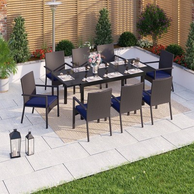 Captiva Designs 9pc Patio Geometric Pattern Extendable Steel Rectangle Table & Armrest Rattan Chairs with Cushions