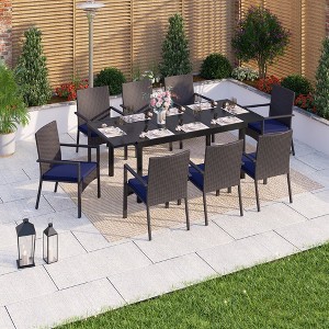 Captiva Designs 9pc Patio Geometric Pattern Extendable Steel Rectangle Table & Armrest Rattan Chairs with Cushions - 1 of 4