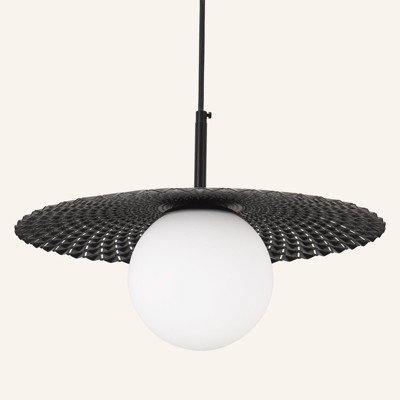 PAKOKULA 1-Light Black Diffuser Pendant Light with Metal Pleated black Shade and White Glass Shade