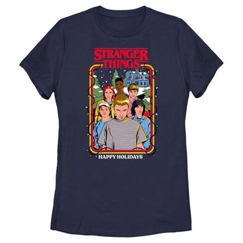 Women's Stranger Things Retro Happy Holidays Card T-shirt - Navy Blue ...