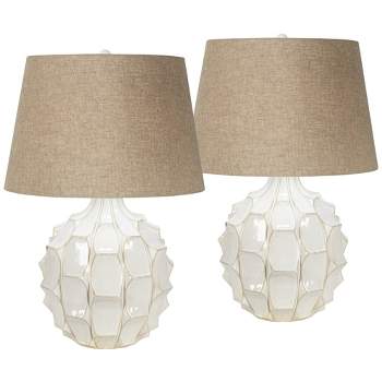 Possini Euro Design Cosgrove Modern Mid Century Table Lamps 26 1/2" High Set of 2 White Glazed Ceramic Light Brown Linen Drum Shade for Living Room