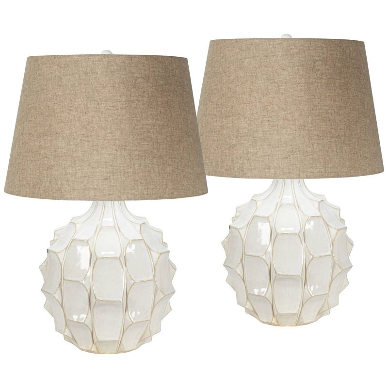 Possini Euro Design Cosgrove Modern Mid Century Table Lamps 26 1/2" High Set of 2 White Glazed Ceramic Light Brown Linen Drum Shade for Living Room, 1 of 9