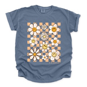 Simply Sage Market Women's Checkered Smiley Face Flowers Short Sleeve Garment Dyed Tee - 1 of 4