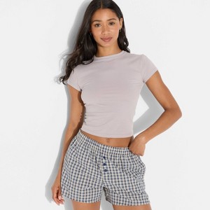 Women's Seersucker Plaid Flannel Boxer Shorts - Navy Blue - 1 of 3