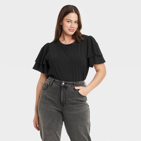 Women's Slim Fit Flutter Short Sleeve Knit Top - Ava & Viv™ Black