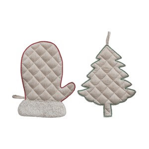 Storied Home Quilted and Linen Mitten and Tree-Shaped Pot Holder with Embroidery, Multicolor - 1 of 1