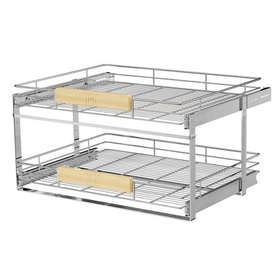 LOVMOR 2 Tier Pull Out Cabinet Organizer 28½" W x 21½" D, Slide Out Drawers with Wooden Handle, Sliding Shelves Organization