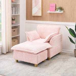 PAGED Modern 39 Inch Accent Chair and Ottoman Sets, Corduroy Fabric Sofa Chair with Cup Holder and 2 Pillows, Living Room Chair for Bedroom - 1 of 4
