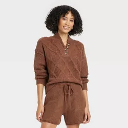 Women's Henley Neck Button-Front Pullover Sweater - Universal Thread™ Brown XXL