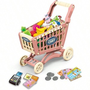 Shopping Cart Toy Supermarket 54pcs Playset, Grocery Cart with Pretend Fruits Vegetables Pink - 1 of 4